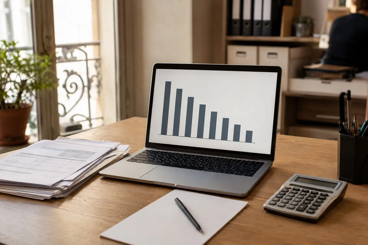Illustration of a laptop showing a descending bar chart, on a wooden desk with a stack of invoices, a notebook, a pen and a calculator