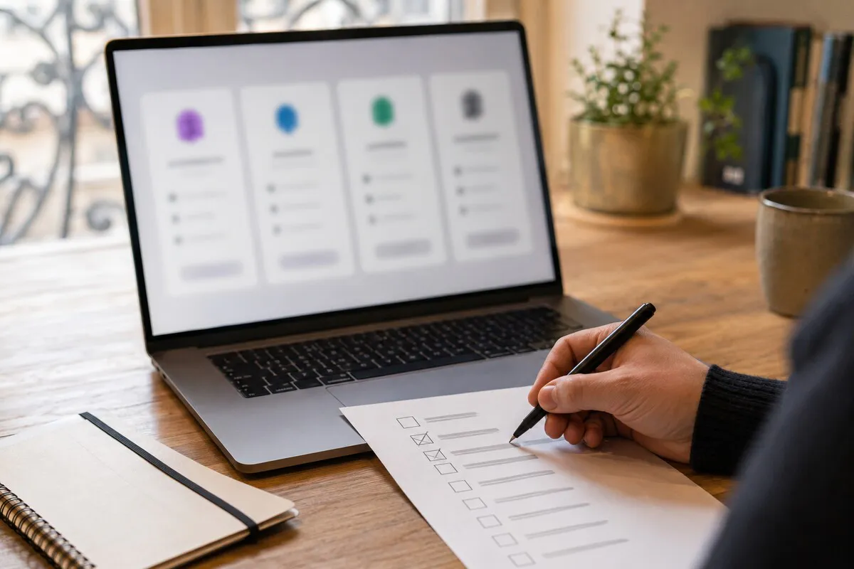 Illustration of a person checking off a list by hand, with a laptop showing four colour-coded plan options to compare on a wooden desk