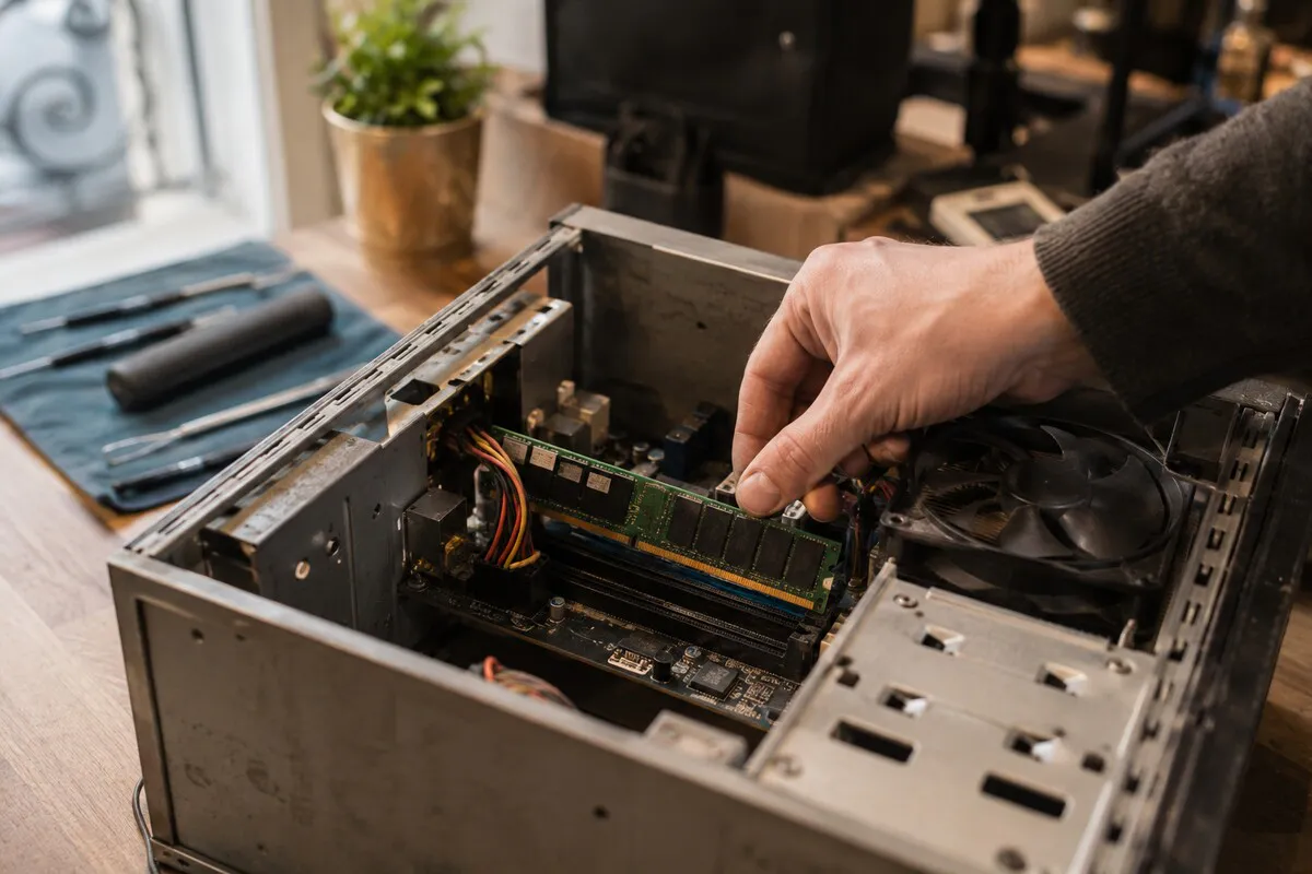 Illustration of a hand inserting a RAM memory module into the open case of a desktop computer, with precision screwdrivers resting on a cloth beside it