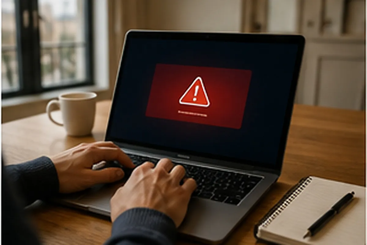 Illustration of a workstation with a red security warning displayed on a laptop screen, coffee cup and notepad on the desk