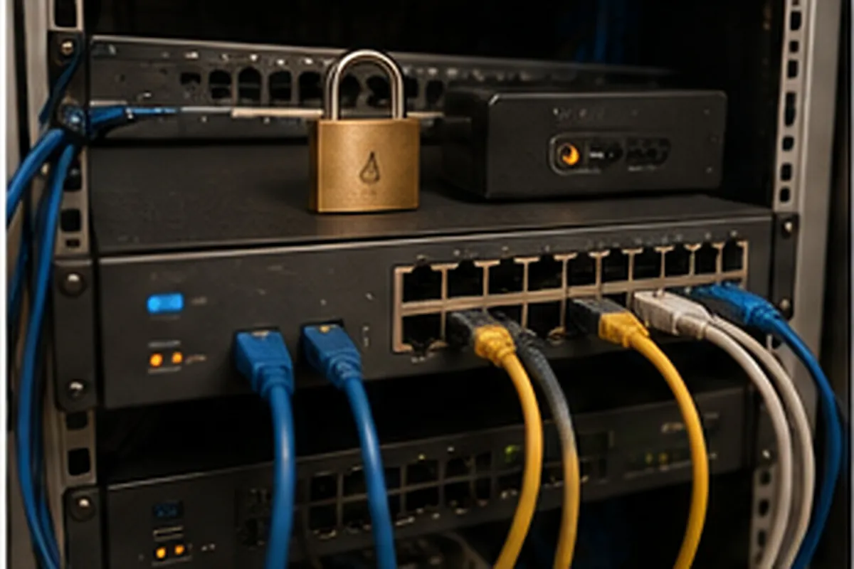 Illustration of a network patch rack with Ethernet cables and a padlock resting on a switch enclosure