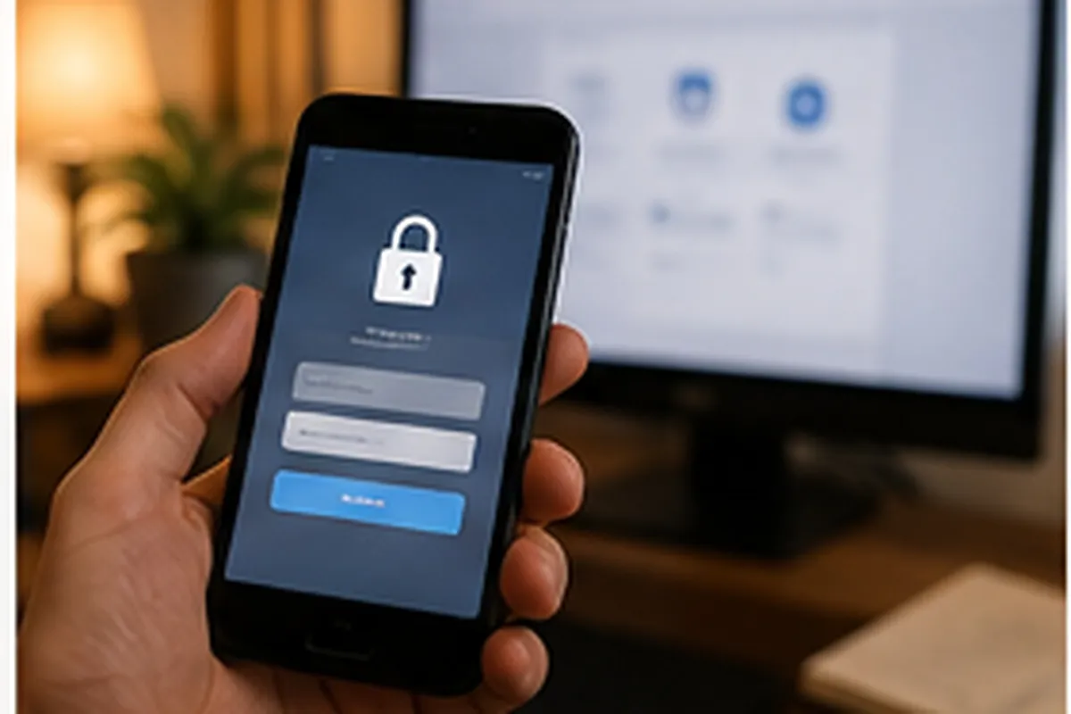 Illustration of a hand holding a smartphone showing a secure login screen with a padlock icon, blurred desktop monitor in the background