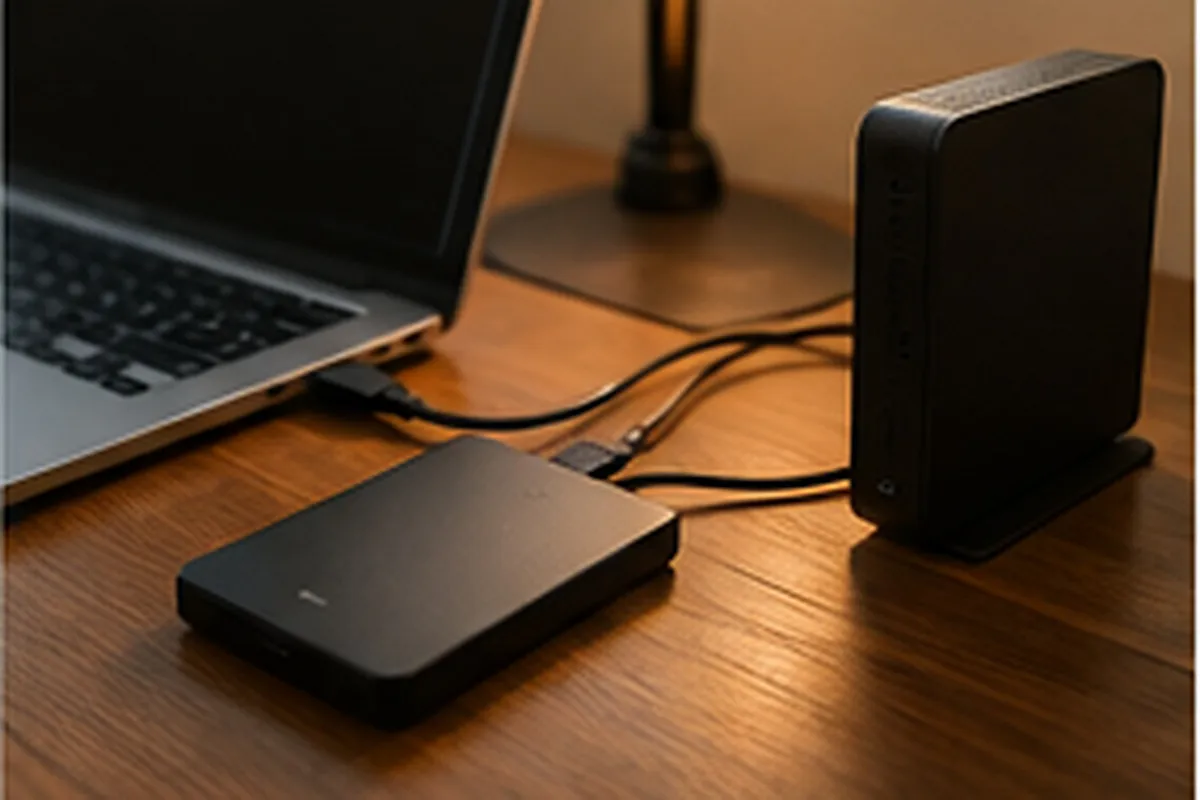 Illustration of two external hard drives connected by cable to a laptop on a wooden desk