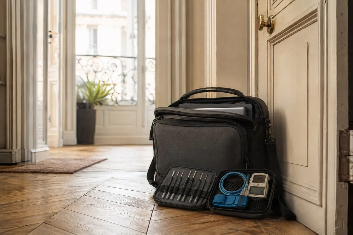 Technician's bag with a laptop and an open tool case containing screwdrivers and a test device, set down in the entryway of a Parisian apartment
