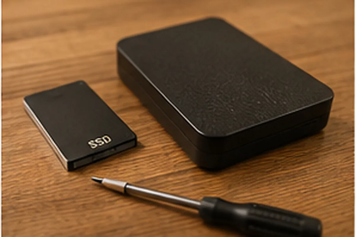 Replacement SSD and external hard drive on a desk next to a screwdriver, illustration