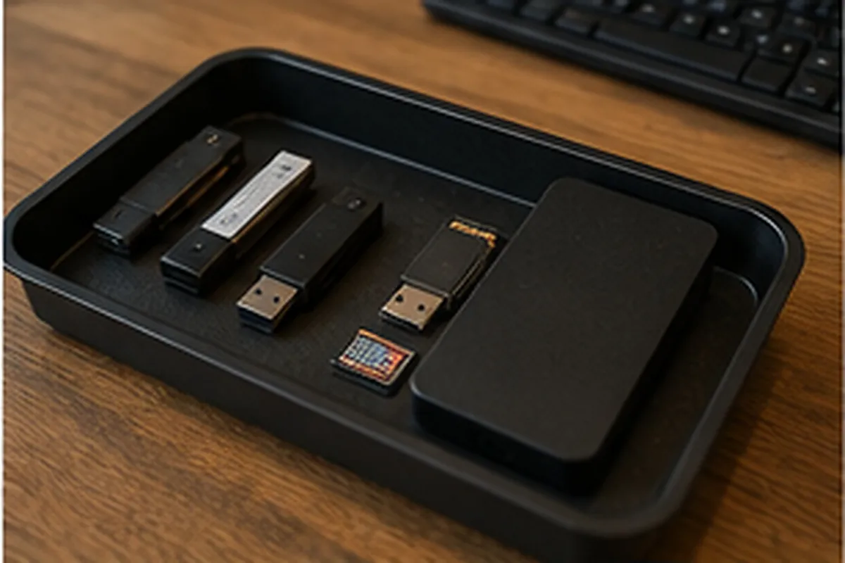 USB sticks, an SD card and an external drive arranged in a tray, illustration