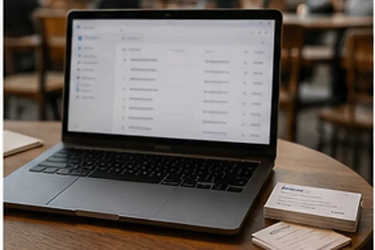 Ordinateur portable ouvert sur une boîte mail professionnelle, cartes de visite posées à côté sur une table en bois