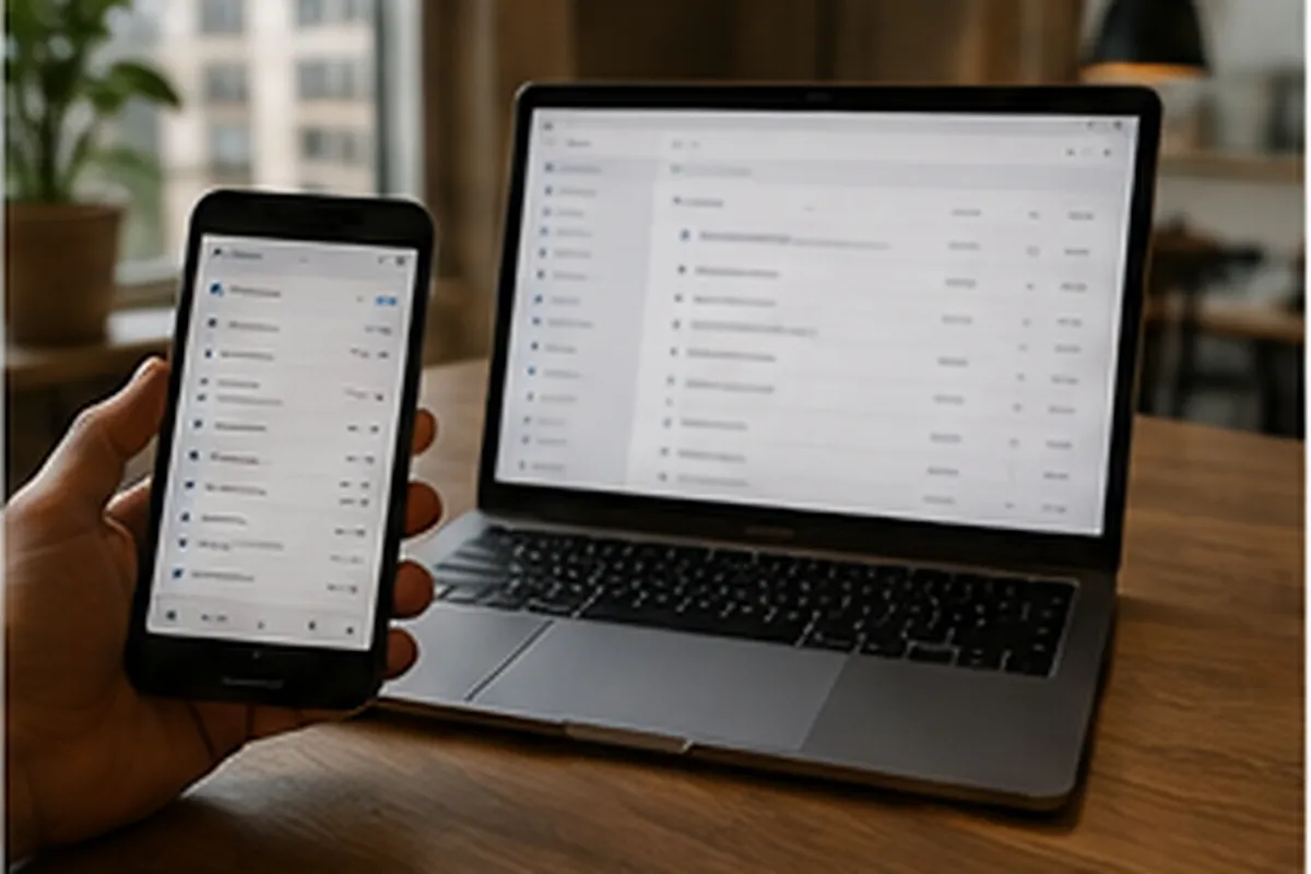 Illustration d'une boîte mail professionnelle synchronisée entre un smartphone tenu à la main et un ordinateur portable posé sur un bureau