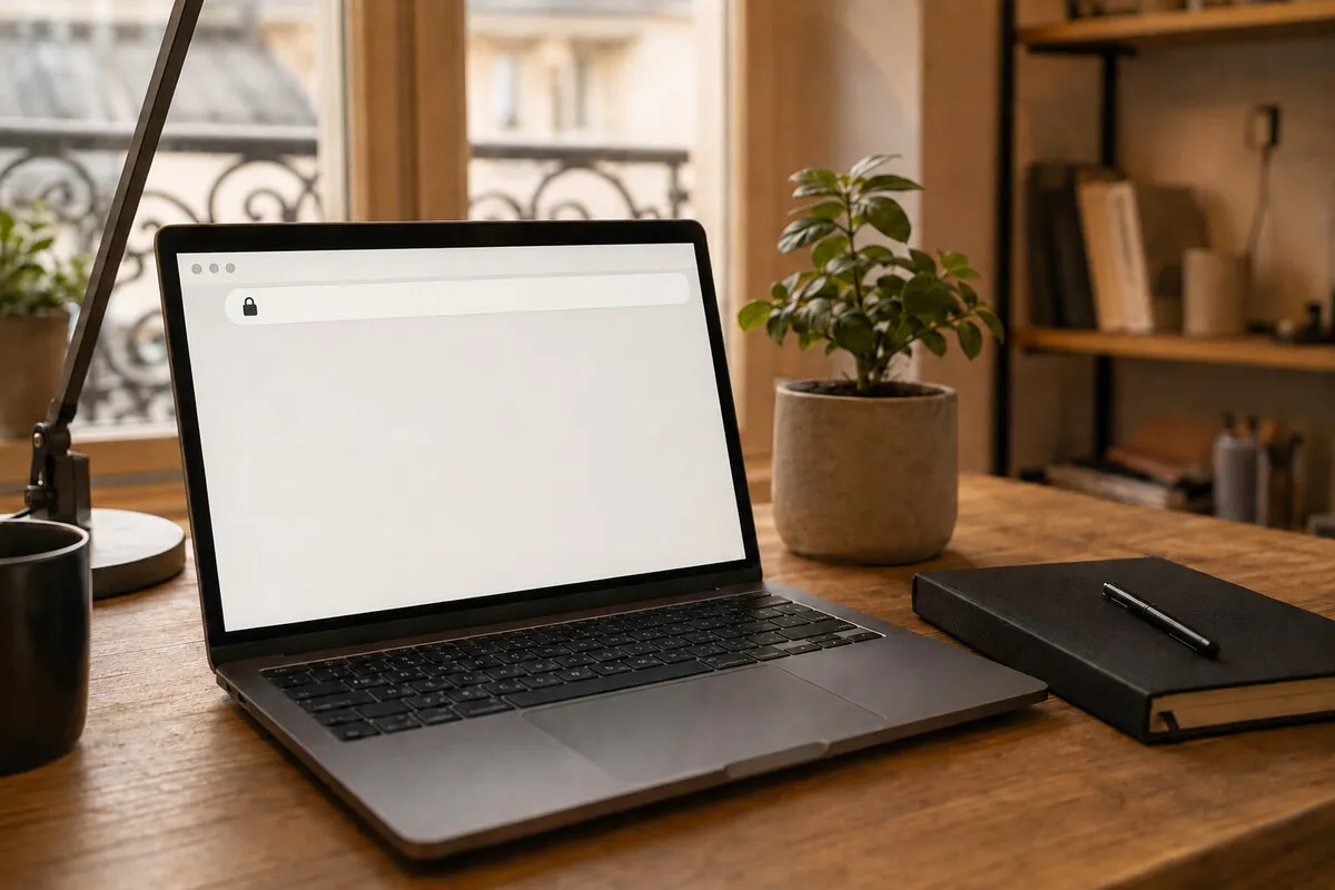 Illustration d'un ordinateur portable ouvert sur un bureau en bois, affichant une page de navigateur avec un cadenas de sécurité dans la barre d'adresse, plante verte et carnet noir posés à côté, appartement parisien en arrière-plan