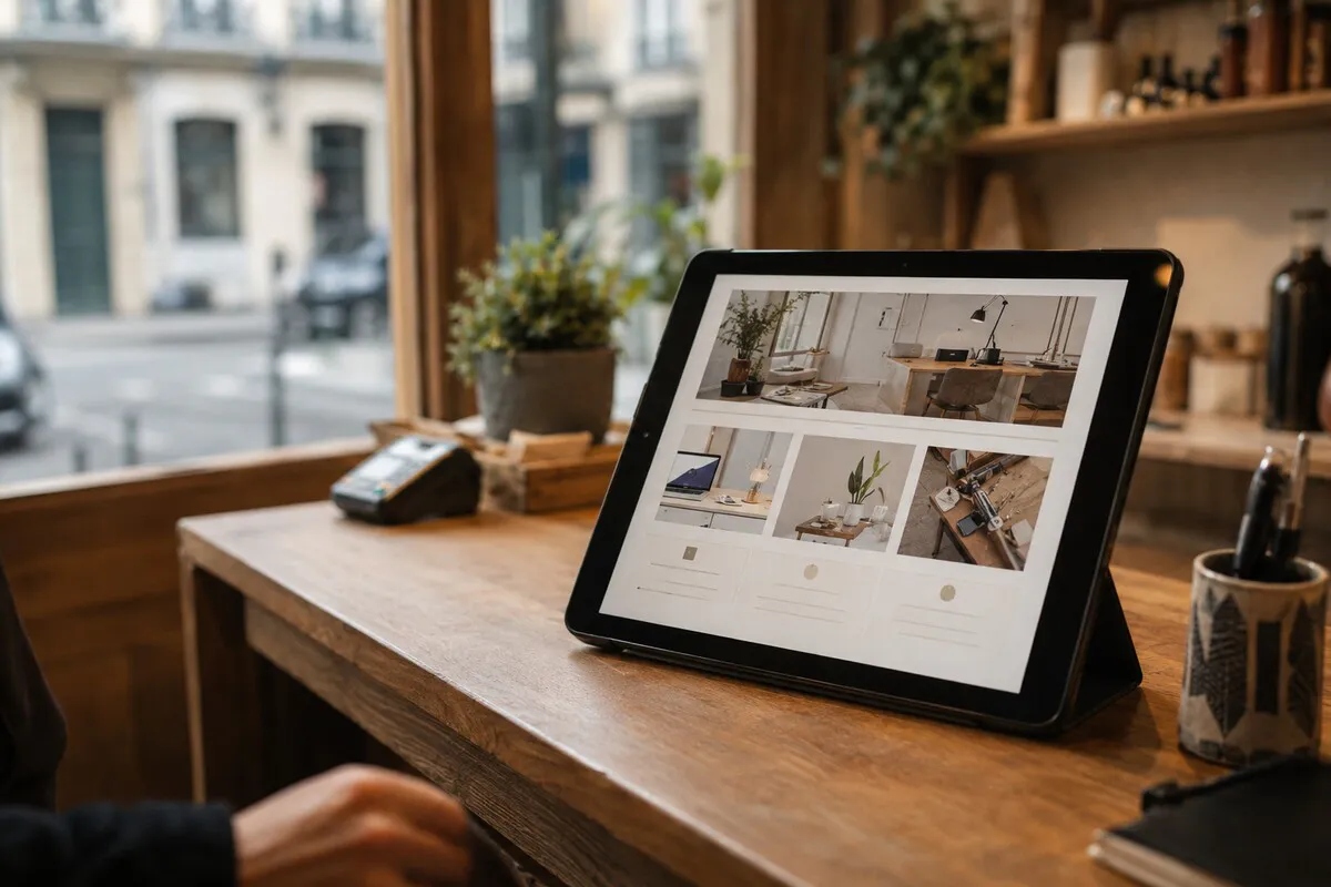 Illustration d'une tablette posée sur le comptoir en bois d'une boutique parisienne, affichant le site vitrine sécurisé avec une galerie de photos, terminal de paiement à proximité et vue sur la rue en arrière-plan