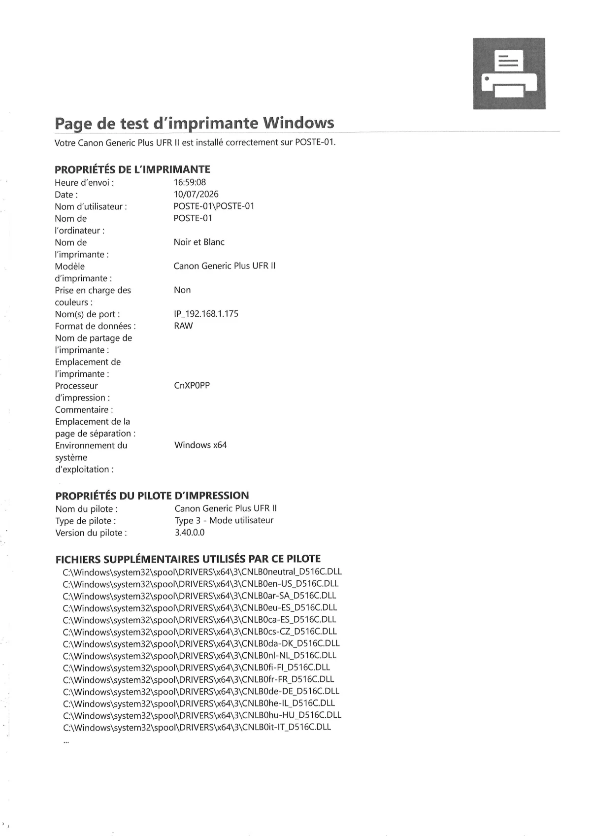 Printed Windows printer test page showing the IP address 192.168.1.175 and the printer name Black and White