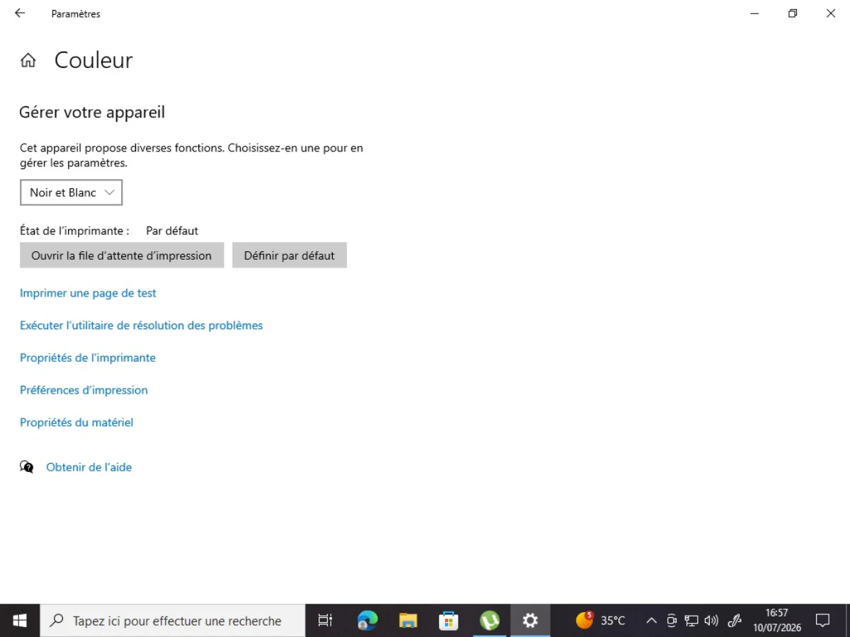 Windows Settings panel showing the Black and White printer with a Print a test page link