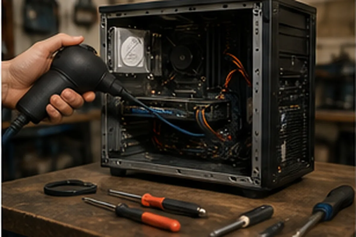 Nettoyage à l'air comprimé de l'intérieur d'un boîtier PC ouvert, ventilateur et carte graphique visibles