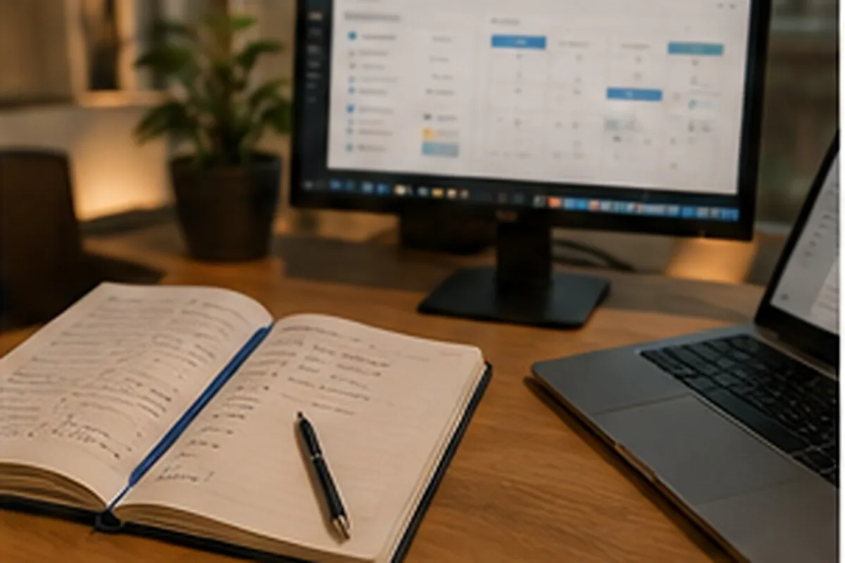 Agenda papier ouvert avec visites planifiées notées à la main, à côté d'un ordinateur portable et d'un écran affichant un calendrier de suivi
