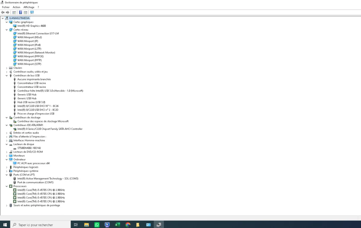 Gestionnaire de périphériques Windows ouvert sur un PC client, listant cartes réseau, contrôleurs USB, disque dur et quatre cœurs de processeur Intel Core i5-4570S