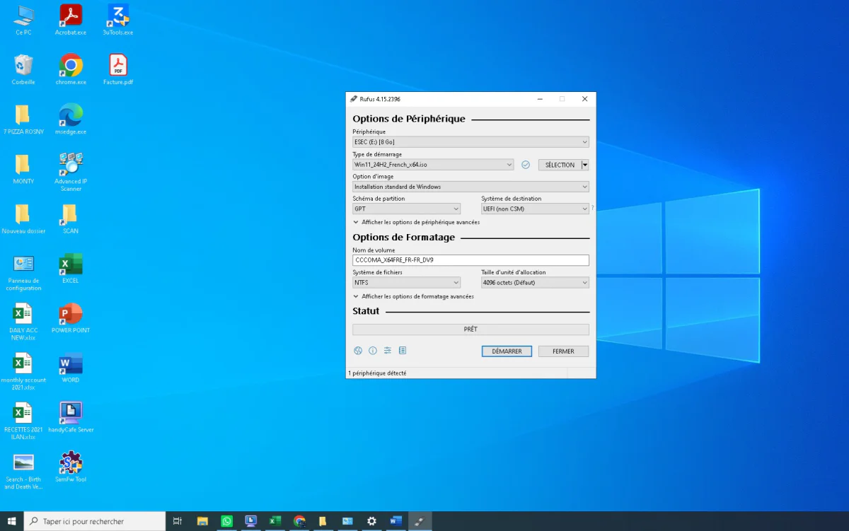 Screenshot of Rufus 4.15 creating a French Windows 11 24H2 bootable USB drive on a desktop computer