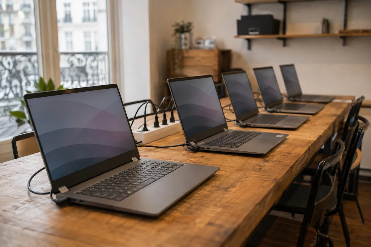 Cinq ordinateurs portables ouverts alignés sur une longue table en bois, tous branchés sur une même multiprise, avec une fenêtre parisienne à l'arrière-plan