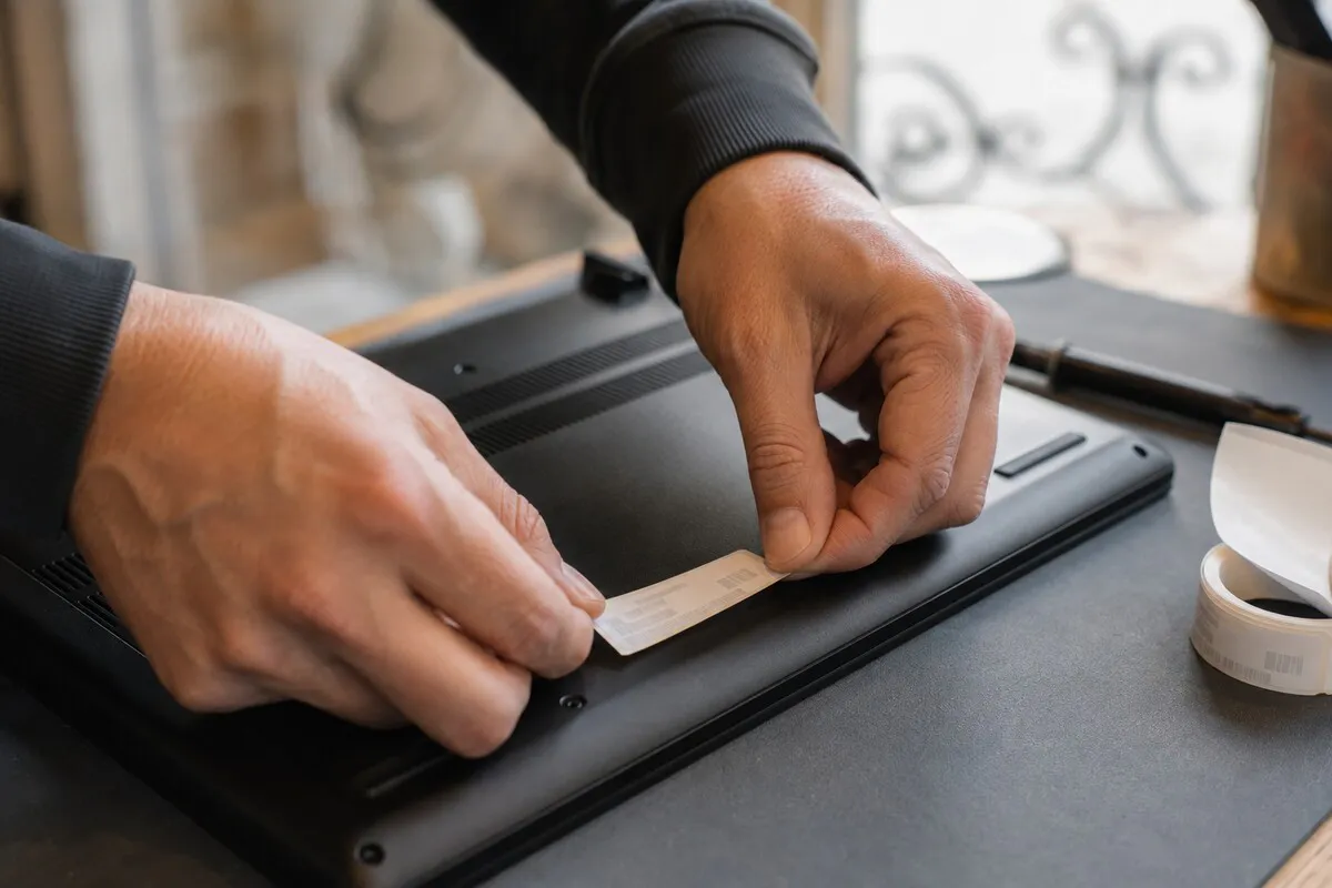 Gros plan sur des mains posant une étiquette d'inventaire numérotée sur le capot d'un ordinateur portable, avec un rouleau d'étiquettes à côté