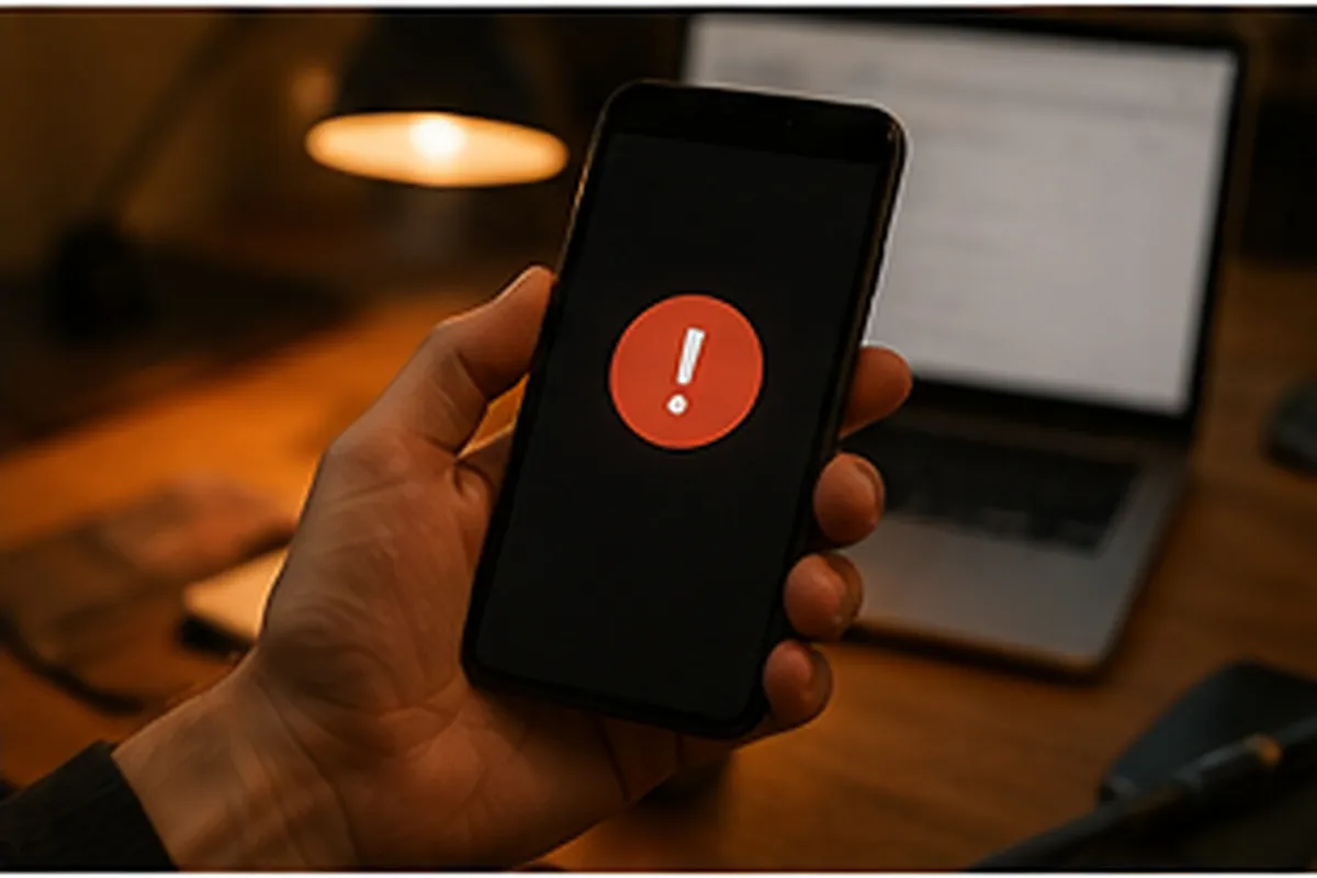Illustration d'une main tenant un téléphone affichant une alerte de sécurité rouge, avec un ordinateur portable ouvert en arrière-plan