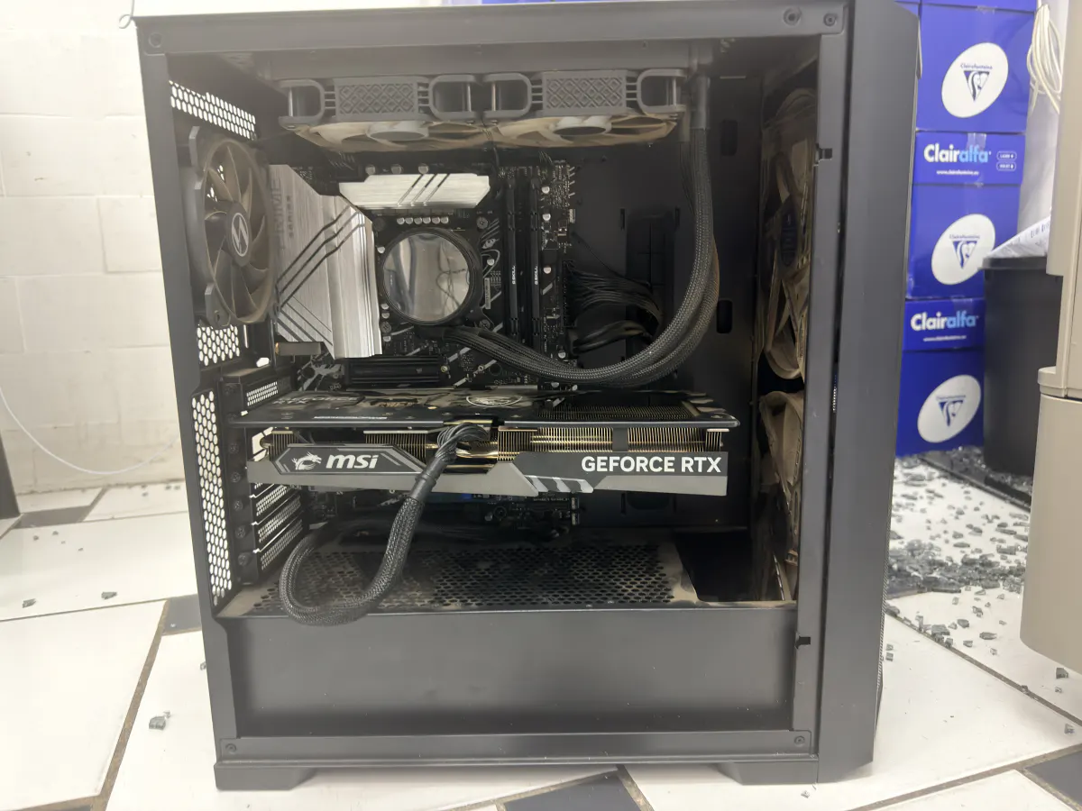 Newly built gaming PC with an MSI GeForce RTX graphics card visible through a glass side panel