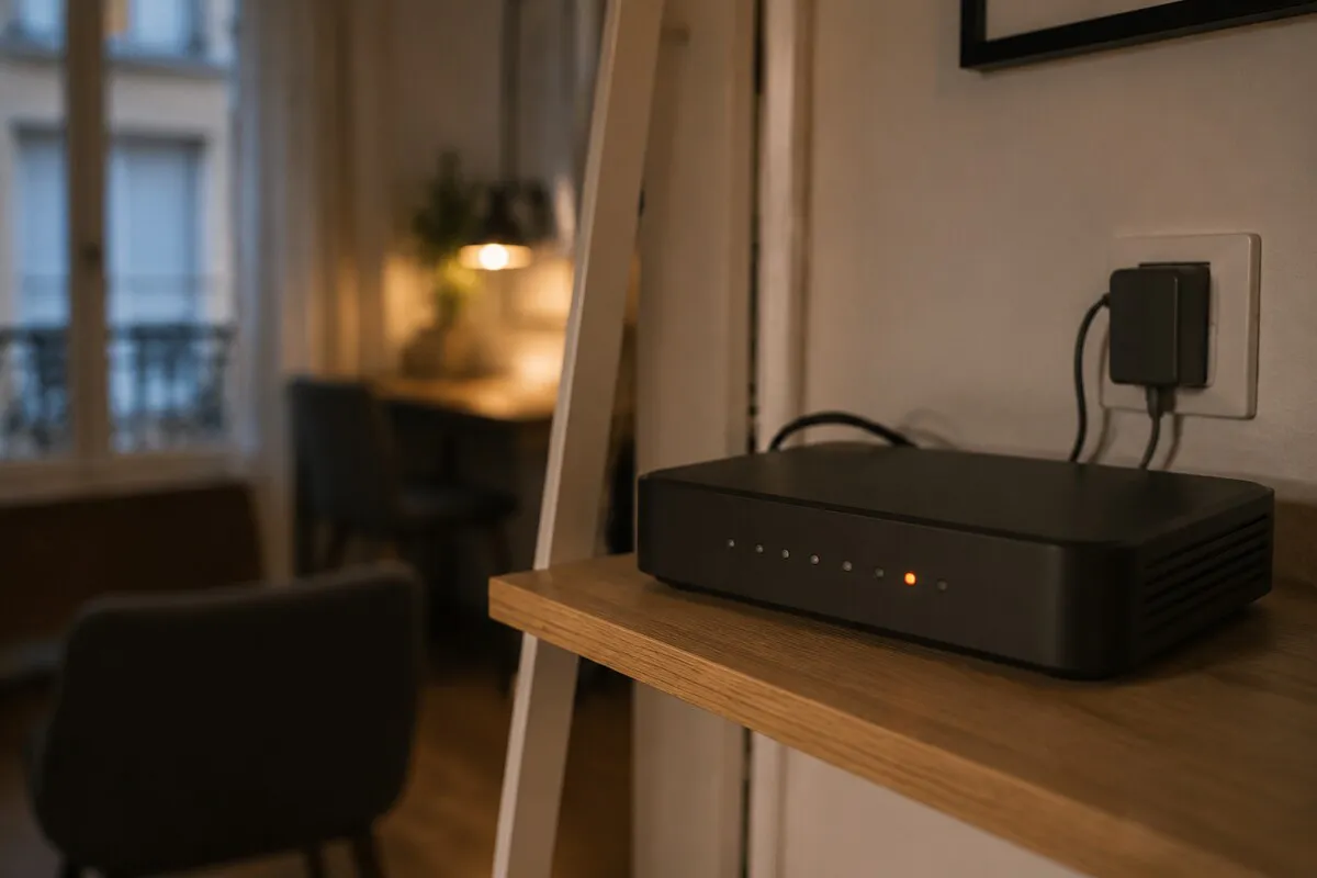 Black internet box sitting on a wooden shelf near a wall outlet, row of status lights on the front panel with one lit amber