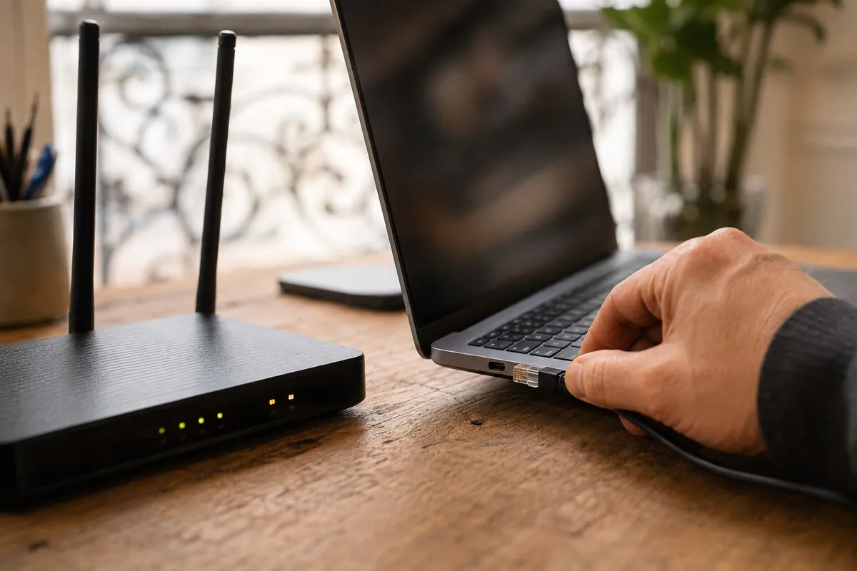 Two-antenna wifi router sitting on a wooden desk, a hand plugging a black Ethernet cable directly into a laptop's port