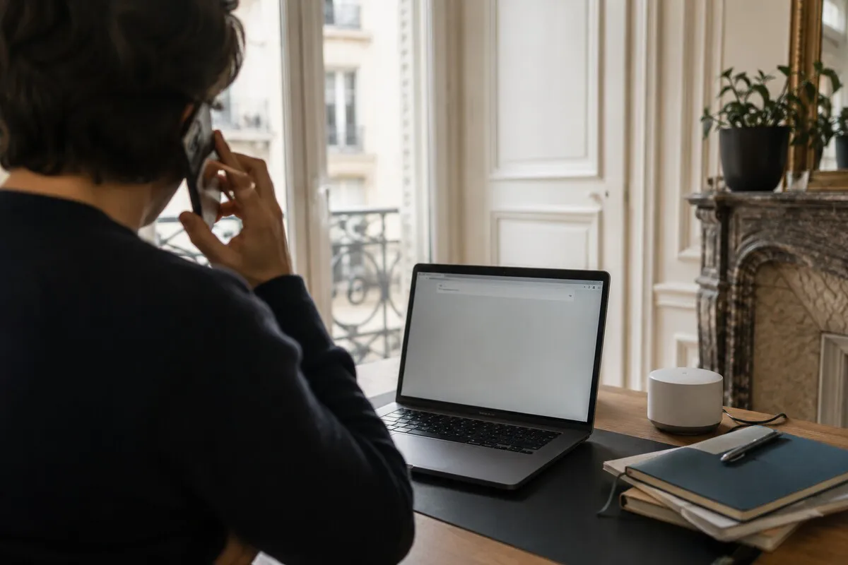 Person sitting at a desk, phone to their ear, in front of an open laptop showing a blank browser page, by a window overlooking Paris apartment buildings