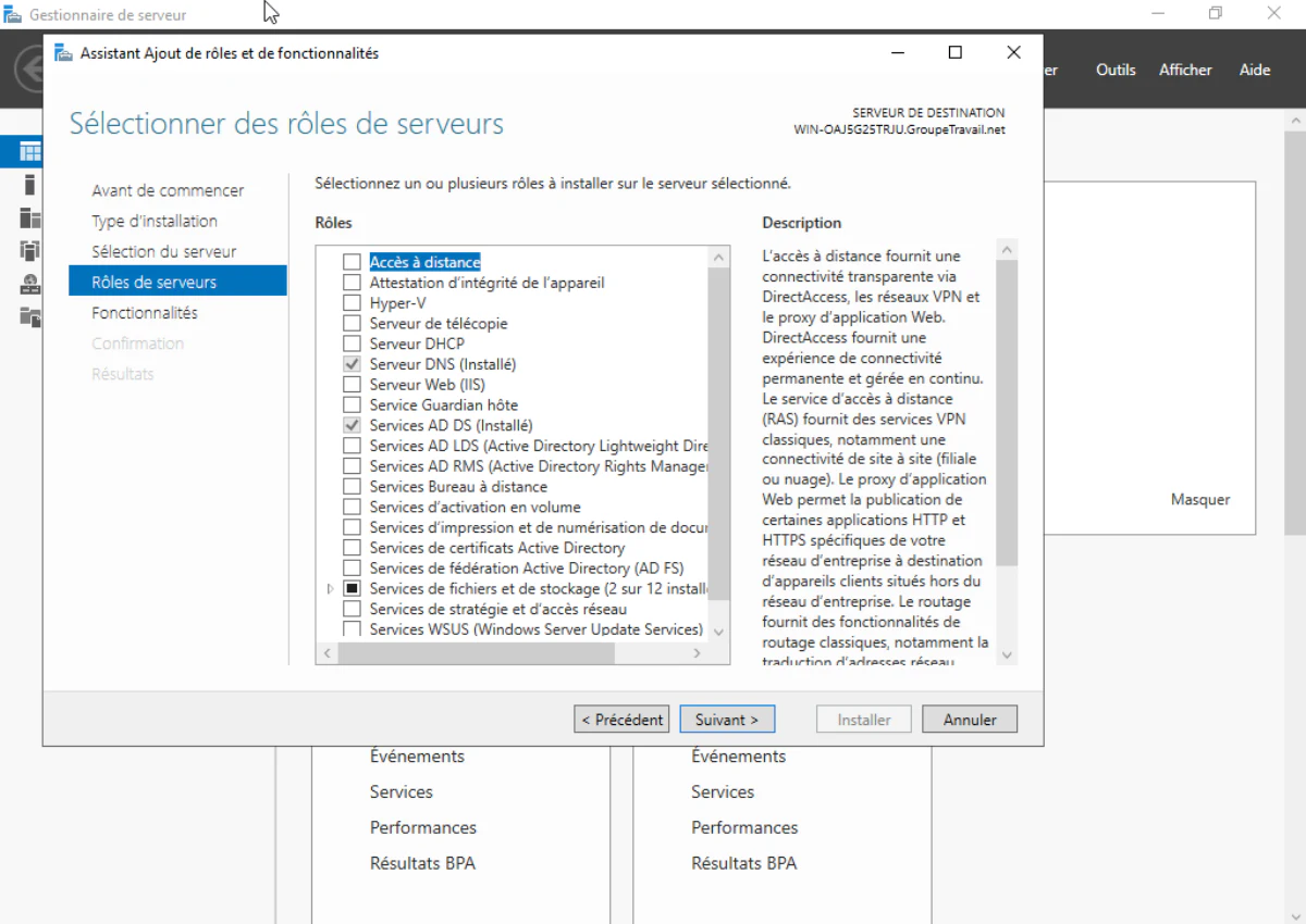 Windows Server Manager Add Roles and Features wizard, server roles selection step with DNS and AD DS checked