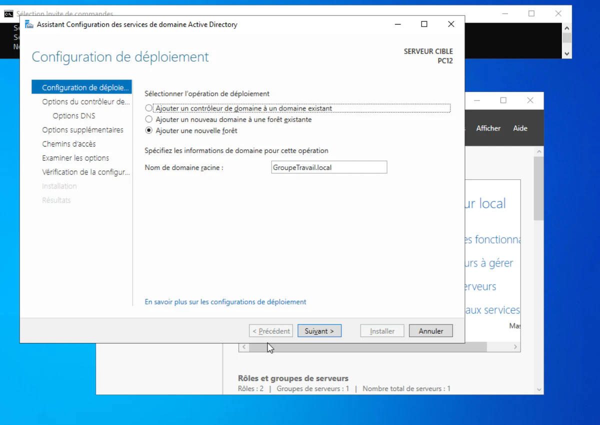 Active Directory Domain Services Configuration Wizard, deployment configuration step with Add a new forest option selected