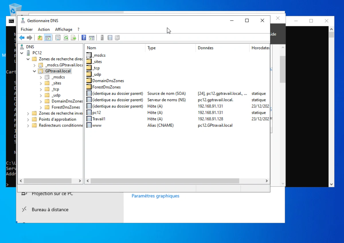 Windows Server DNS Manager showing the domain's forward lookup zone with host A records and a www CNAME alias