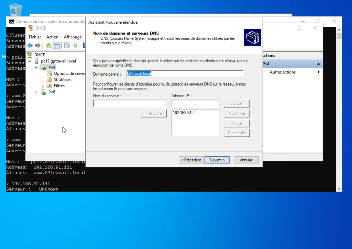 DHCP New Scope Wizard, domain name and DNS servers step, showing the parent domain and DNS server IP handed out to client PCs