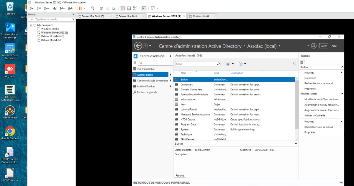 Active Directory Administrative Center showing the domain's containers — Builtin, Computers, Domain Controllers — used to manage accounts