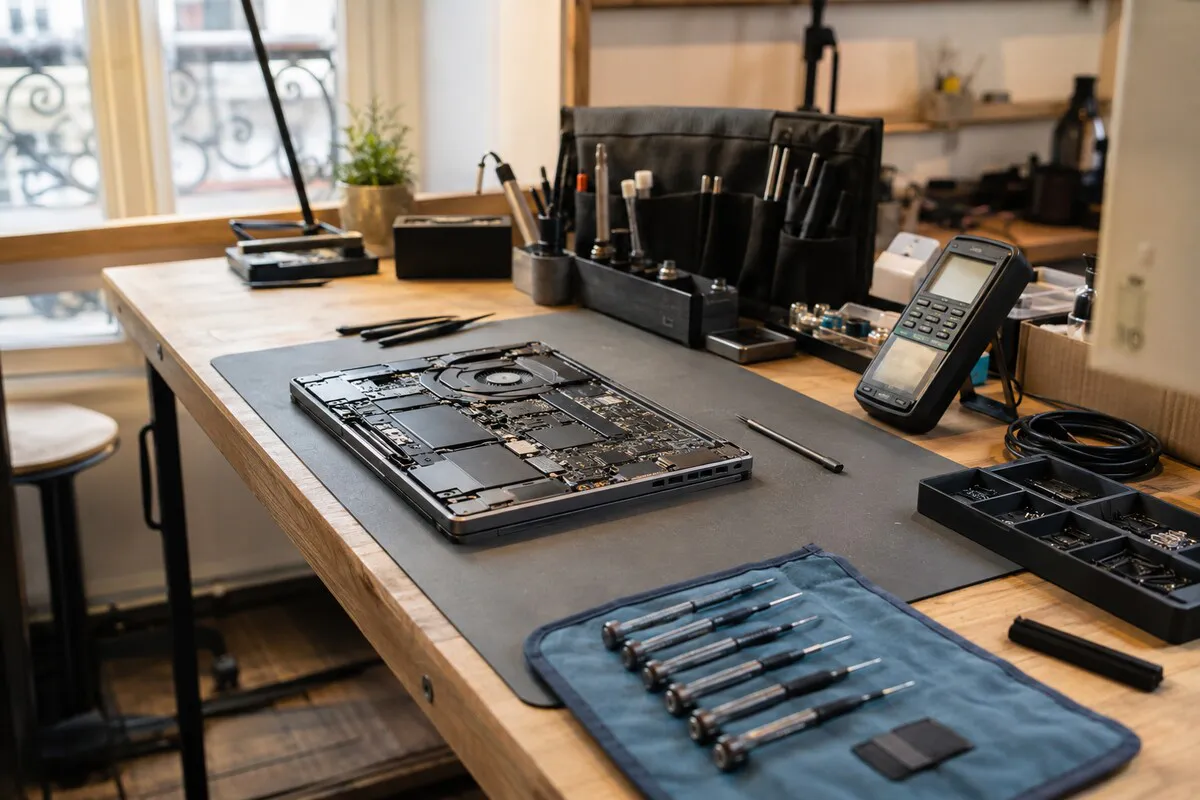 Workshop bench with a disassembled laptop showing its motherboard, a lined-up set of precision screwdrivers, and a compartmented parts tray