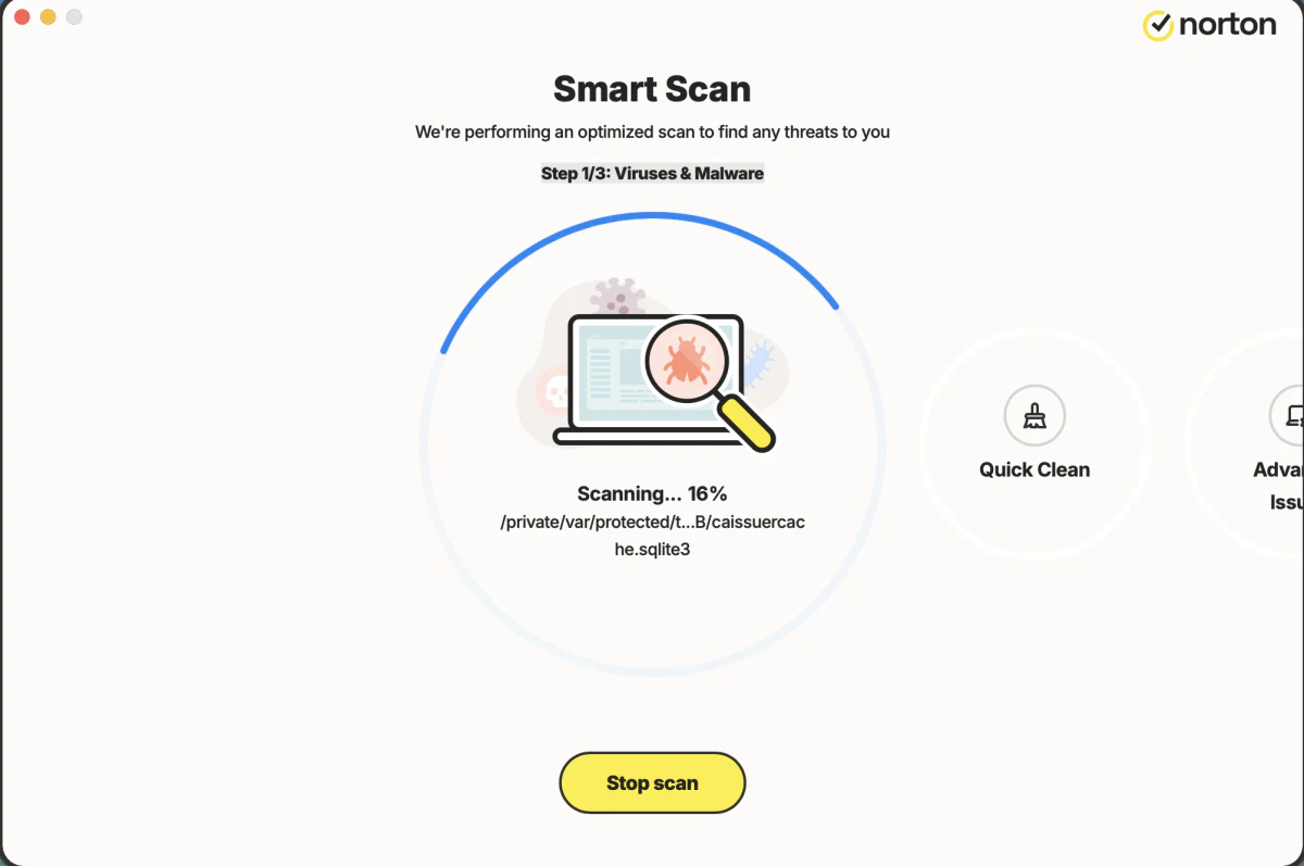 Norton 360 antivirus running a full Smart Scan, step 1 of 3: viruses and malware