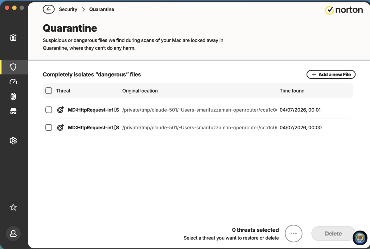Norton quarantine screen showing two malicious files isolated after the scan