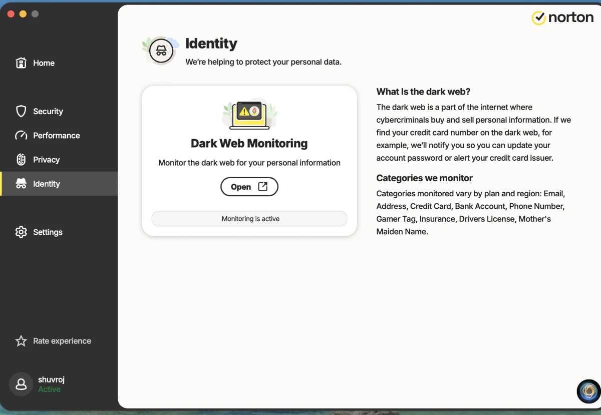 Norton dark web monitoring panel showing protection is active