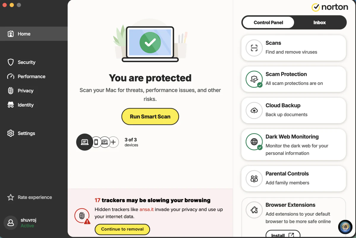 Norton 360 dashboard confirming the computer is protected, with quick access to scan, scam protection and backup