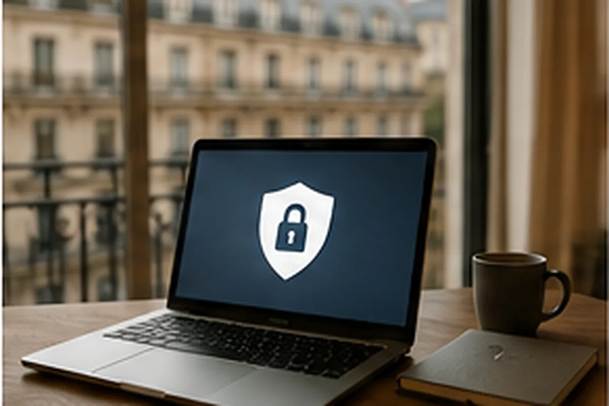 Illustration d'un ordinateur portable sur un bureau avec une icône de cadenas et de bouclier affichée à l'écran, symbolisant une connexion sécurisée en télétravail