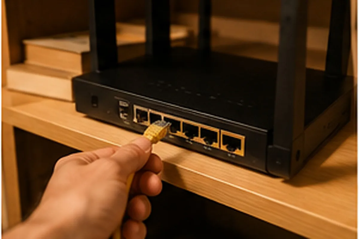 Illustration d'une main branchant un câble Ethernet à l'arrière d'un routeur équipé de plusieurs ports et antennes