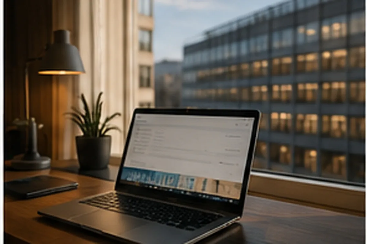 Illustration d'un ordinateur portable ouvert sur une interface web, posé près d'une fenêtre donnant sur des bureaux éclairés en soirée