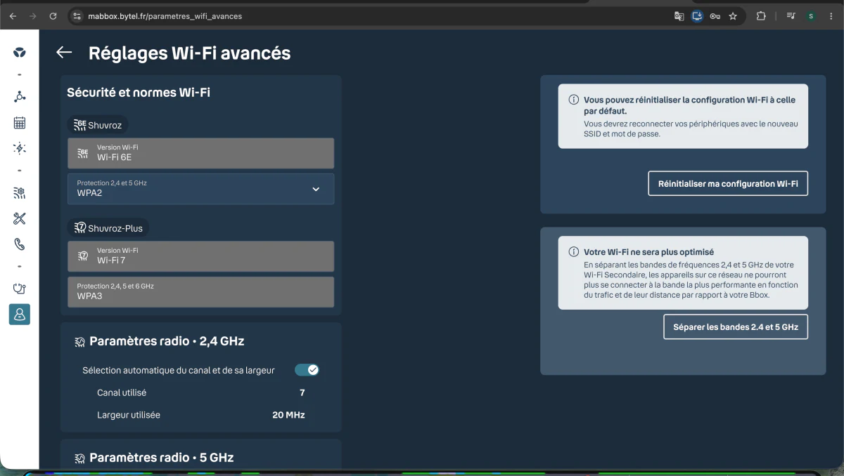 Advanced Wi-Fi settings screen showing two networks, one on WPA2 and one on WPA3, with the 2.4 and 5 GHz radio channels